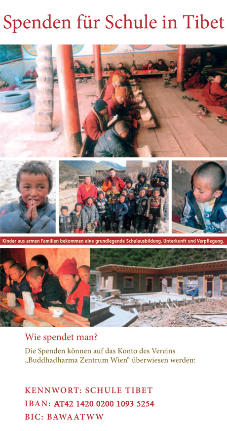 Khenpo Rinpoche unterstützt seit einiger Zeit den Aufbau einer Schule in Tibet. Diese Schule ist an ein Kloster angeschlossen, das seit langem mit Khenpo Rinpoches Familie verbunden ist. Um den derzeit etwa 80 Kindern eine Ausbildung zu ermöglichen und das Projekt abzusichern, braucht es finanzielle Unterstützung. Es warten auch noch viele weitere Kinder in der Umgebung darauf, dass die Schule größer wird - vielleicht sogar in der Zukunft noch eine zweite Schule gebaut werden kann. Aber lasst uns einmal mit der Unterstützung einer beginnen ;-).