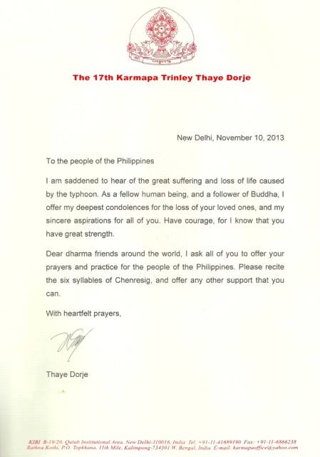 Kondolenzschreiben des 17. Karmapa Thaye Trinely Dorje nach dem verheerenden Taifun Haiyan auf den Philipinen