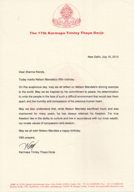 Gyalwa Karmapa überbringt Nelson Mandela zum 95. Geburtstag seine besten Wünsche
