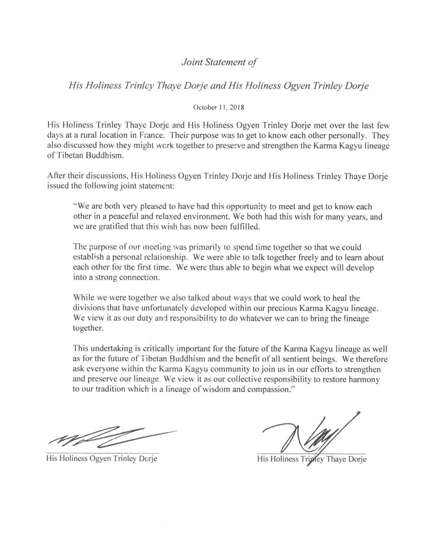 Gemeinsame Erklärung von S. H. Trinley Thaye Dorje und S.H. Ogyen Trinley Dorje in Englisch