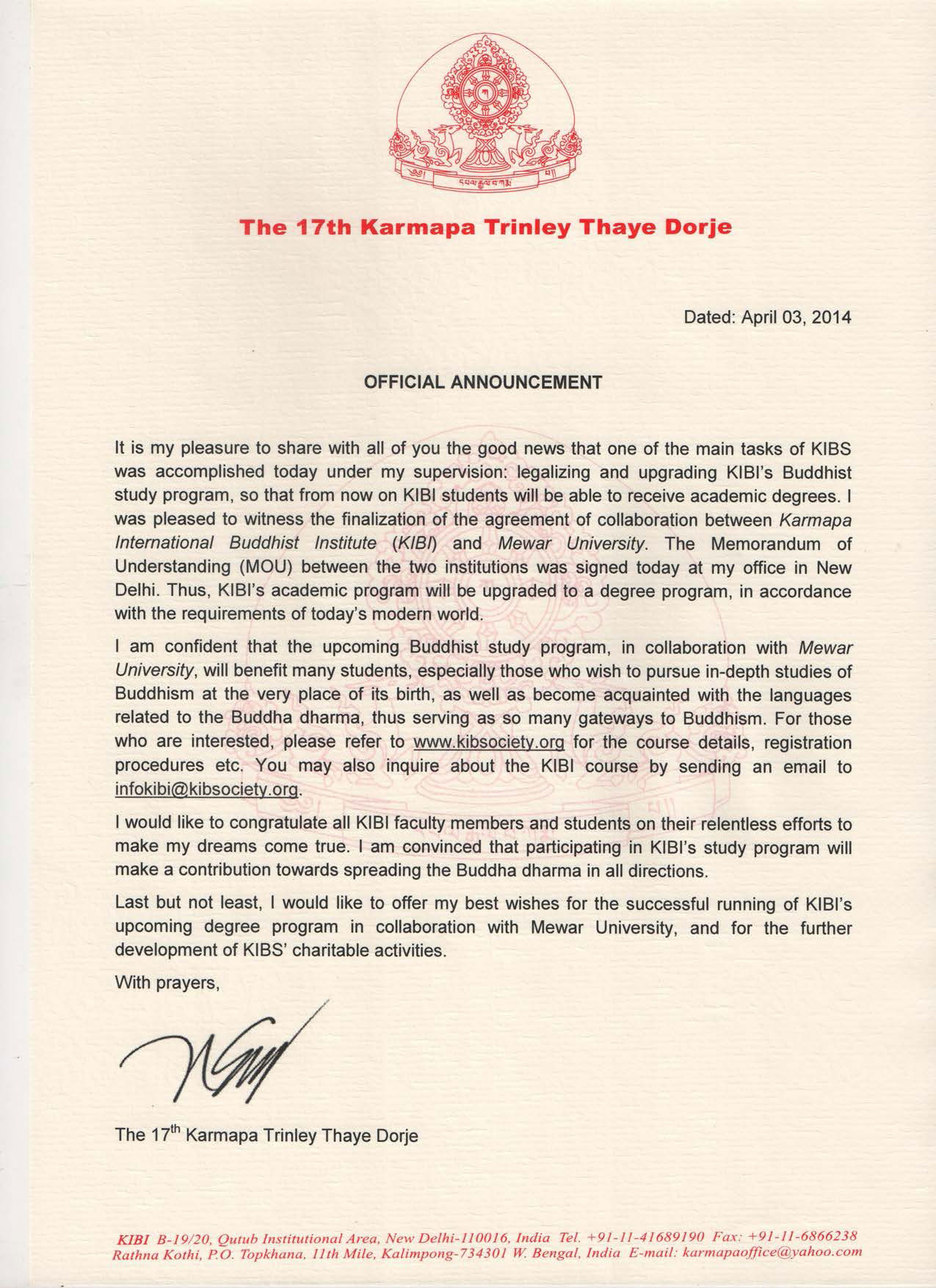 Nachricht von HH Gyalwa Karmapa über buddhistische Studienprogramm des KIBI