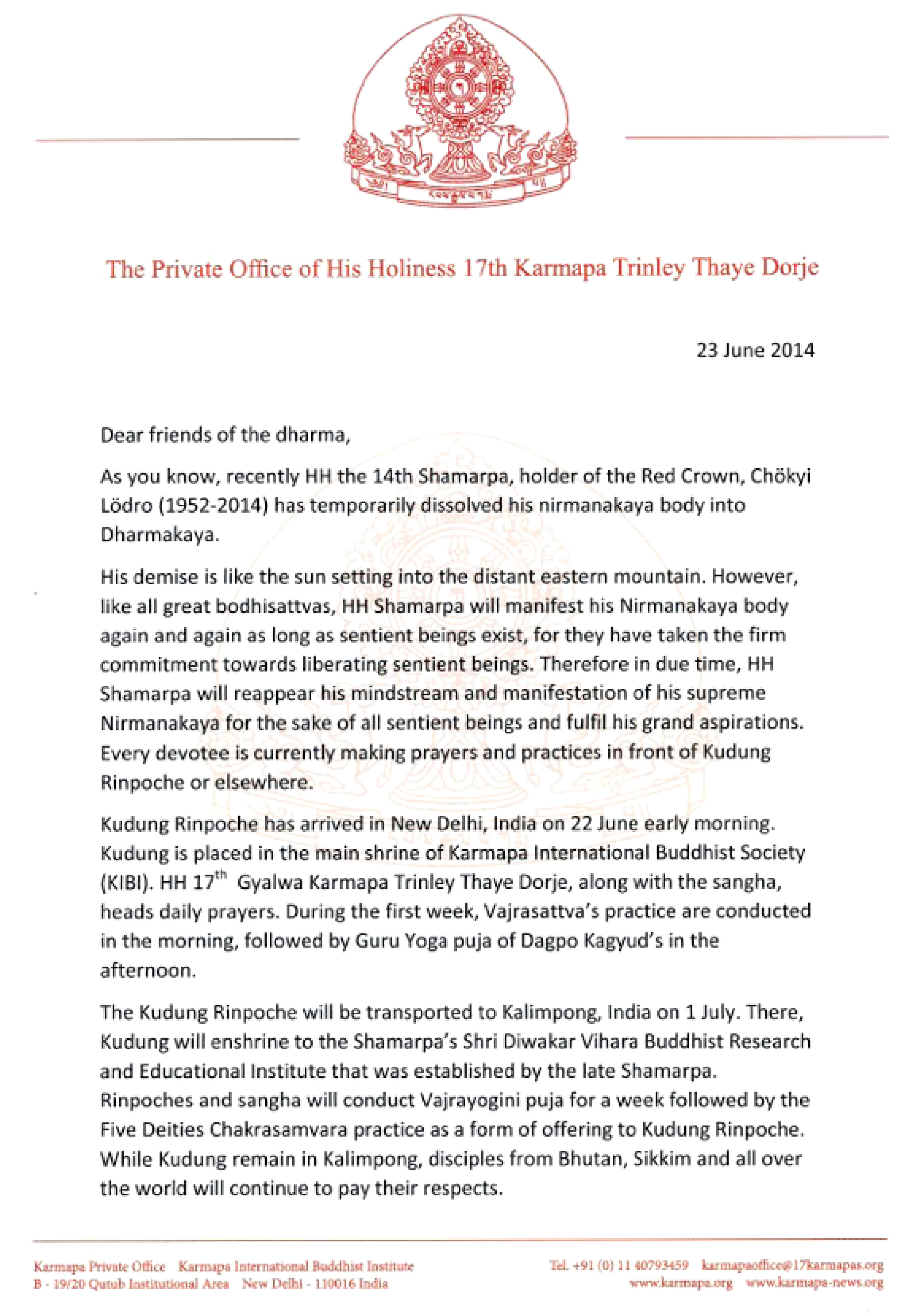 Message from The Private Office of His Holliness 17th Karmapa Trinley Thaye Dorje regarding Kudung Rinpoche - Page 1
